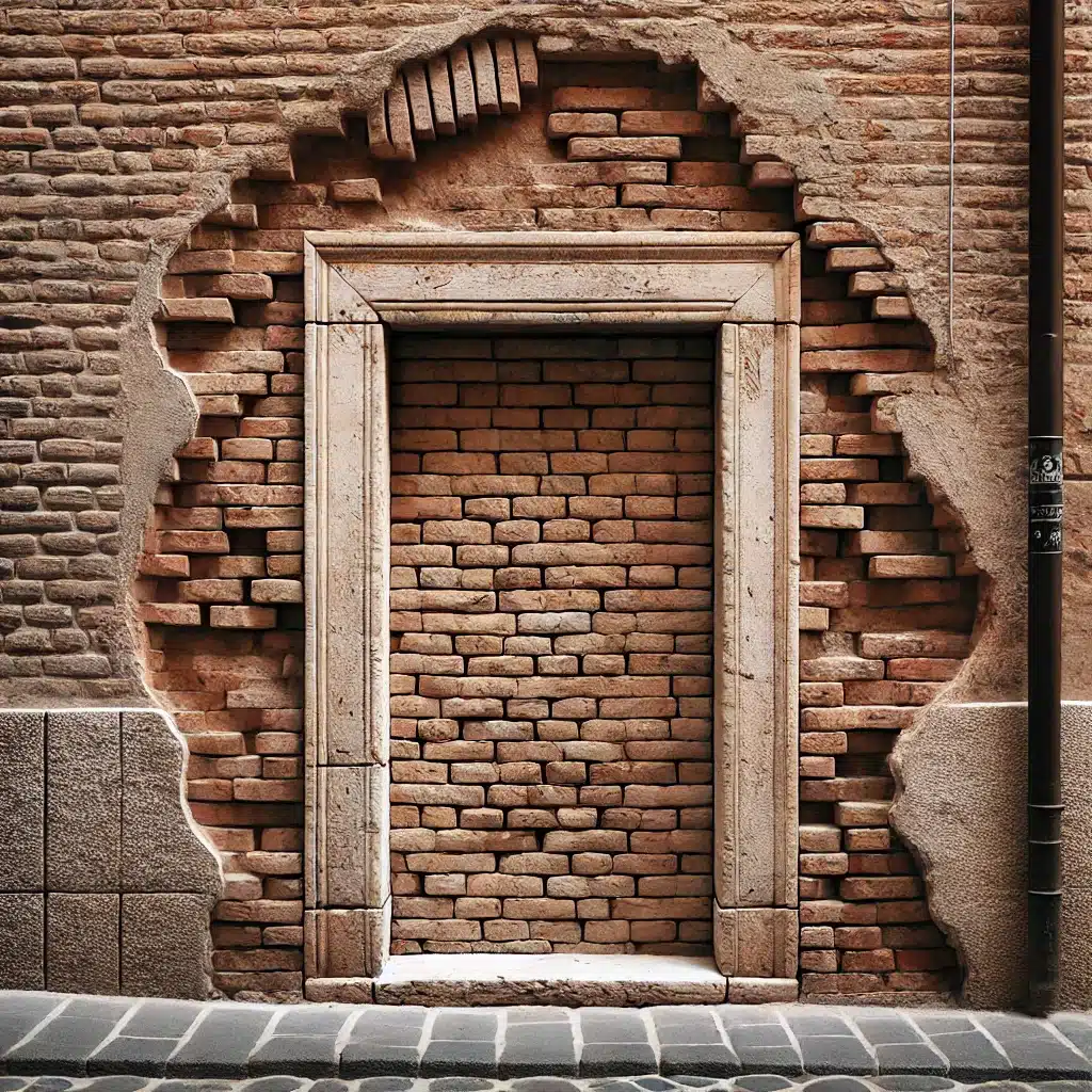 Porta murata in un muro di mattoni antichi.