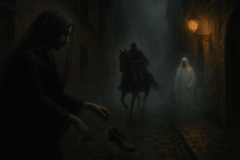 Strada nebbiosa con figure misteriose e cavaliere oscuro i tre fantasmi di san giovanni a teduccio